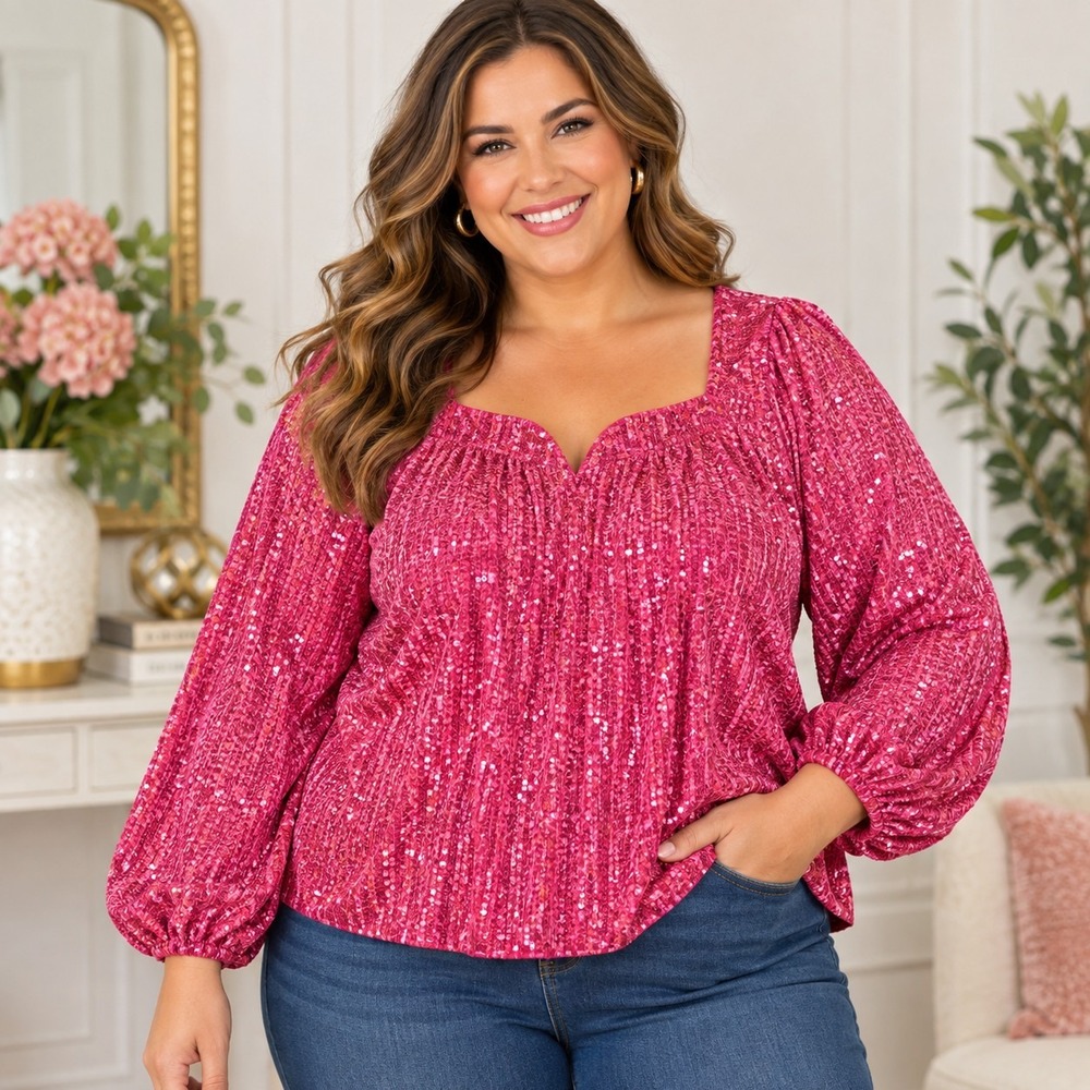 Torrid Pink Peacock Sequin V-Neck Top Women's 2X Plus Barbiecore Diva Glam Party